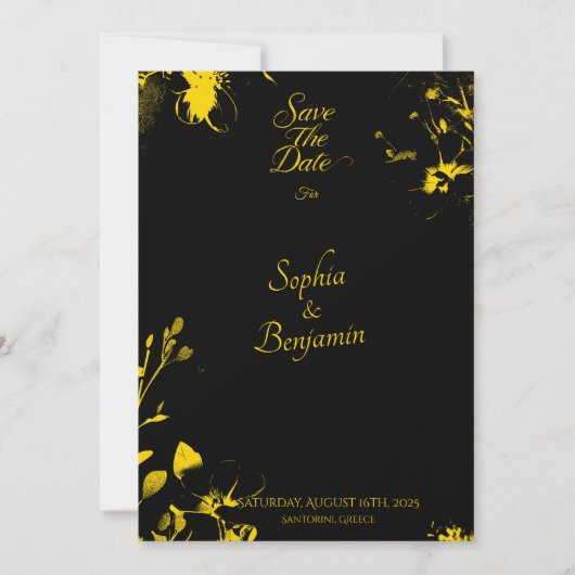 Zwarte luxe en gouden bloemen save the date kaart (Voorkant)