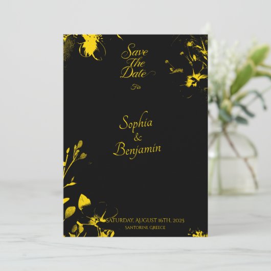 Zwarte luxe en gouden bloemen save the date kaart (Staand voorkant)