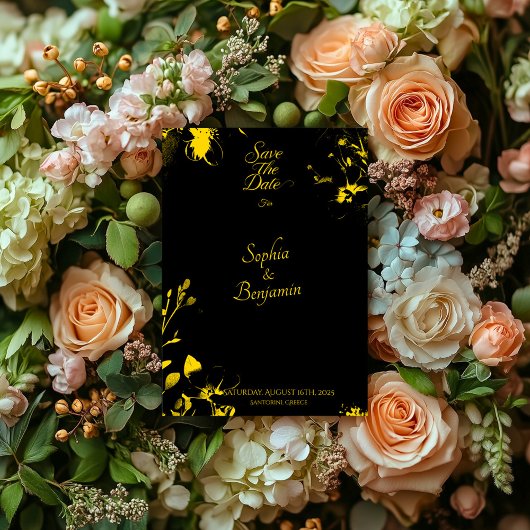 Zwarte luxe en gouden bloemen save the date kaart