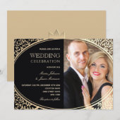 Zwarte luxe en gouden fotobruiloft kaart (Voorkant / Achterkant)