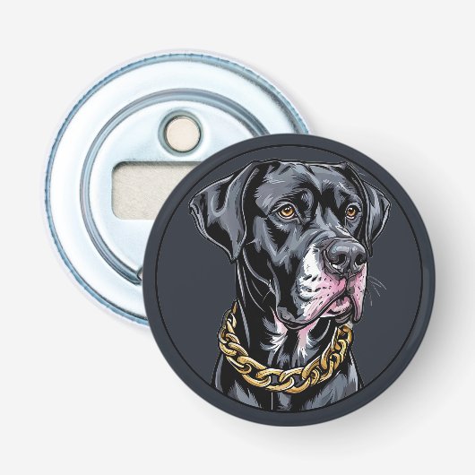 Zwarte Luxe Hond Met Gouden Ketting Button Flesopener (Voorkant)