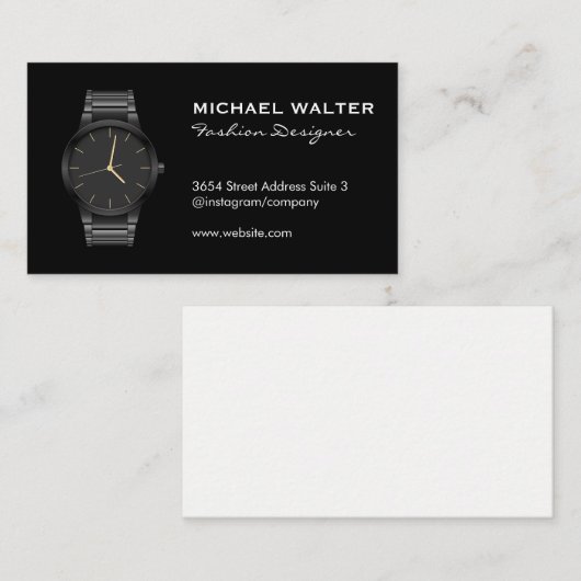 Zwarte luxe horloge met strakke lijnen visitekaartje (Voorkant / Achterkant)