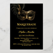 Zwarte luxe Masquerade Quinceanera Folie Uitnodiging (Voorkant)
