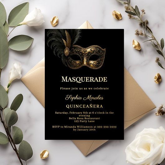 Zwarte luxe Masquerade Quinceanera Folie Uitnodiging