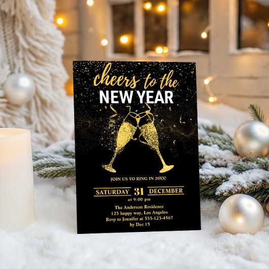 Zwarte luxe Nieuwjaarsfeest met gouden glitter   Kaart