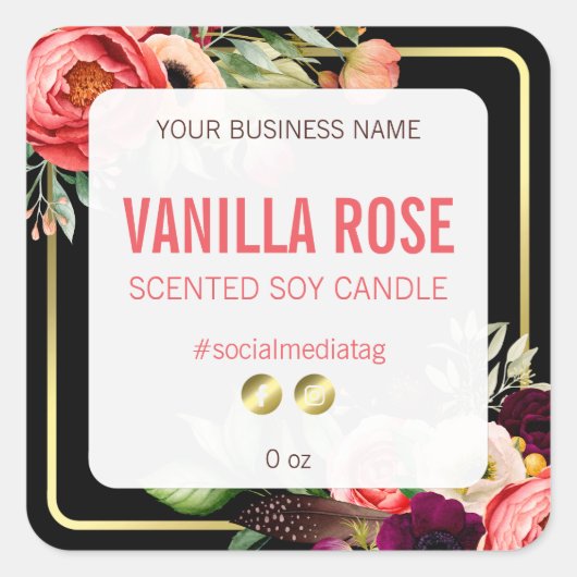 Zwarte luxe productetiketten vierkante sticker (Voorkant)