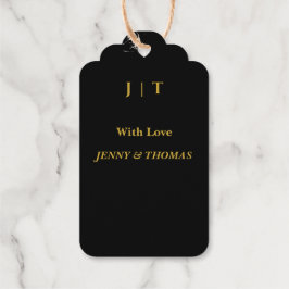 Zwarte luxe trouwgunsttag met gouden monogram cadeaulabels