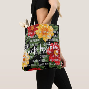 Zwarte maanden geschiedenis met bloemen tote bag