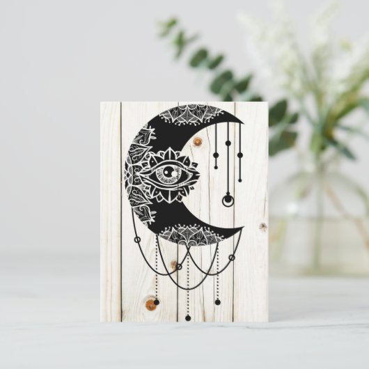  zwarte-maanoog mandala gevlekte houten planken briefkaart (Staand voorkant)