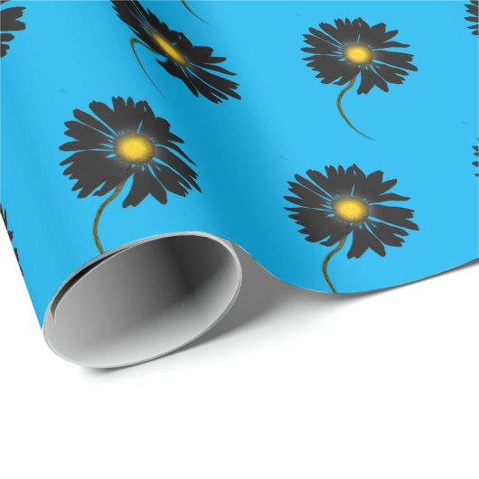 zwarte madeliefjes op aqua blauw cadeaupapier (Rol Hoek)