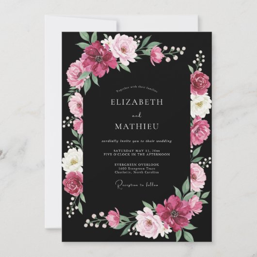Zwarte Magenta Ranunculus Eucalyptus Bruiloft Kaart (Voorkant)