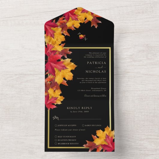 Zwarte magie ontmoet rustieke gouden herfstbruilof all in one uitnodiging (Binnen)