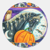 ZWARTE MAGISCHE HORSE, OWL, JACK O LANTERN & SKULL RONDE STICKER (Voorkant)