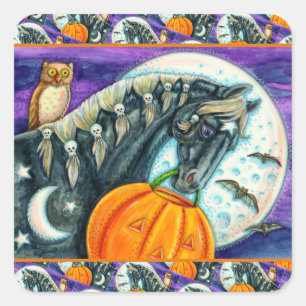 ZWARTE MAGISCHE HORSE, OWL, JACK O LANTERN & SKULL VIERKANTE STICKER
