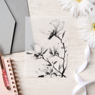 Zwarte Magnolia Moderne Botanische Inkt Wedding Vellum Uitnodigingen