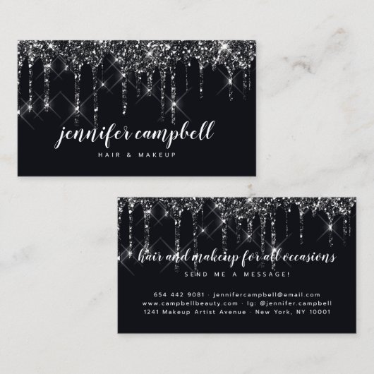 Zwarte make-up artist haarstylist glitter drips visitekaartje (Voorkant / Achterkant)