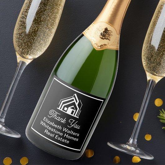 Zwarte makelaarskantoor aangepaste makelaar feestj sparkling wijnetiket