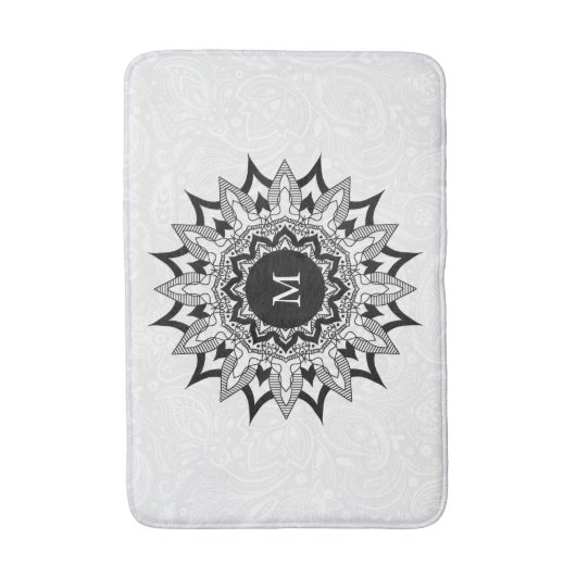 Zwarte mandala op een witte paisley badmat (Voorkant Verticaal)