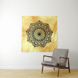 Zwarte Mandala op Gouden Achtergrond Vierkante Wan Wandkleed