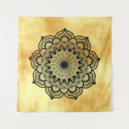 Zwarte Mandala op Gouden Achtergrond Vierkante Wan Wandkleed