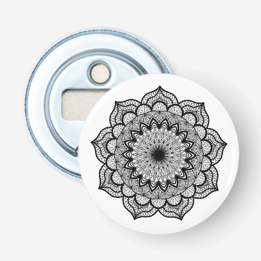 Zwarte Mandala op Witte Achtergrond Button Flesopener (Voorkant)