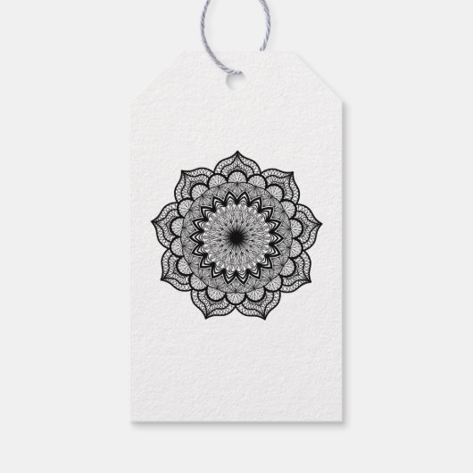 Zwarte Mandala op Witte Achtergrond Cadeaulabel (Achterkant)