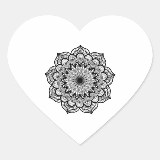Zwarte Mandala op Witte Achtergrond Hart Sticker (Voorkant)