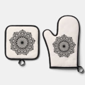 Zwarte Mandala op Witte Achtergrond Ovenwant & Pannenlap Set (Voorkant)
