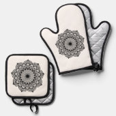 Zwarte Mandala op Witte Achtergrond Ovenwant & Pannenlap Set (Voorkant / Achterkant)
