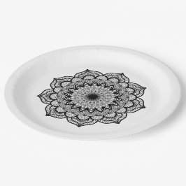 Zwarte Mandala op Witte Achtergrond Papieren Bordje