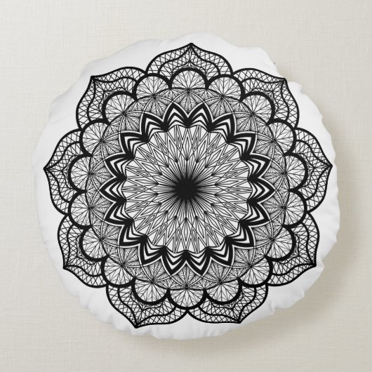 Zwarte Mandala op Witte Achtergrond Rond Kussen (Achterkant)