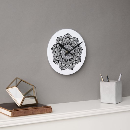 Zwarte Mandala op Witte Achtergrond Ronde Klok (Kantoor)