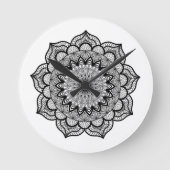 Zwarte Mandala op Witte Achtergrond Ronde Klok (Voorkant)