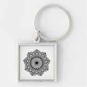 Zwarte Mandala op Witte Achtergrond Sleutelhanger (Voorkant)
