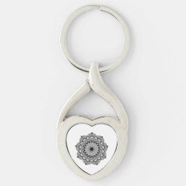 Zwarte Mandala op Witte Achtergrond Sleutelhanger