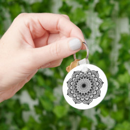 Zwarte Mandala op Witte Achtergrond Sleutelhanger