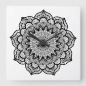 Zwarte Mandala op Witte Achtergrond Vierkante Klok (Voorkant)