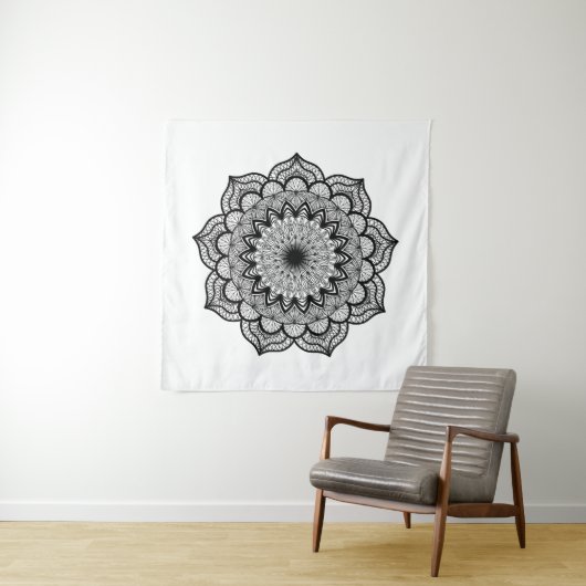 Zwarte Mandala op Witte Achtergrond Wandkleed (In situ)