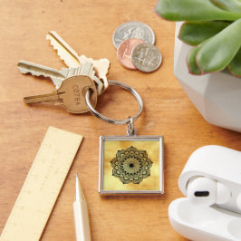 Zwarte Mandala op zachte gouden achtergrond Sleutelhanger