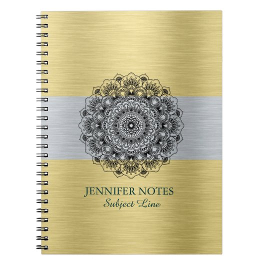 Zwarte mandala over metallisch goud en zilver notitieboek (Voorkant)