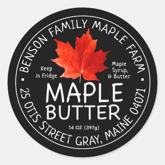Zwarte Maple Butter Label met Rode Suiker Maple Le (Voorkant)