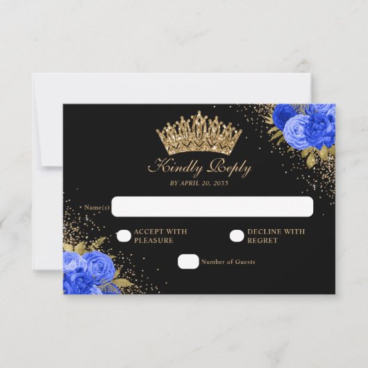 Zwarte Marine Blauw Goud Glitter Floral Quinceaner RSVP Kaartje (Voorkant)