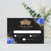 Zwarte Marine Blauw Goud Glitter Floral Quinceaner RSVP Kaartje (Staand voorkant)