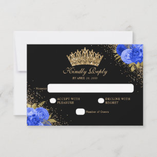 Zwarte Marine Blauw Goud Glitter Floral Quinceaner RSVP Kaartje