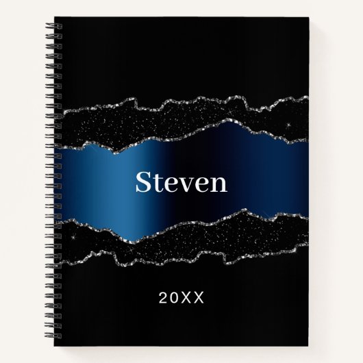 Zwarte marine blauw zilveren agaat geode naam notitieboek (Voorkant)