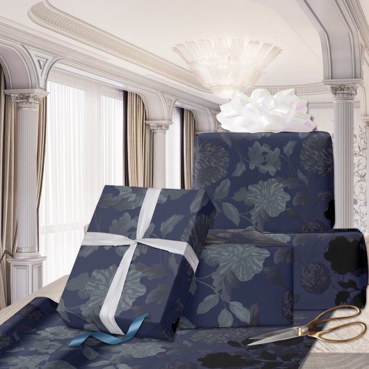 Zwarte marineblauw moderne  Floral Toile Cadeaupapier