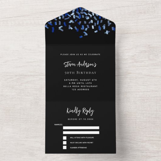 Zwarte marineblauwe confetti verjaardag rsvp all in one uitnodiging (Binnen)