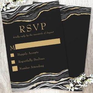 Zwarte marmer Agate Gold Glitter Elegant Wedding RSVP Kaartje