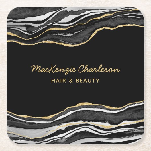Zwarte marmer Agate Gold Glitter Kartonnen Onderzetters (Voorkant)