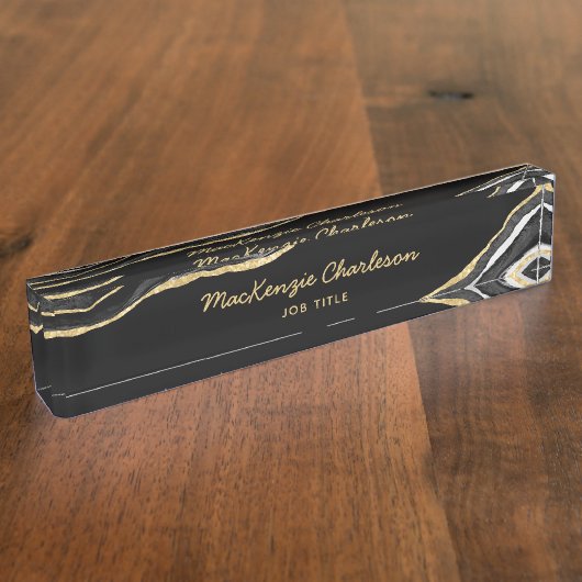 Zwarte marmer Agate Gold Glitter Professional Naambordje (Zijkant)